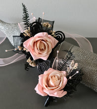 Load image into Gallery viewer, Blush &amp; black glitter everlasting flowers corsage &amp; buttonhole AB2097 - School formal, prom, graduation
