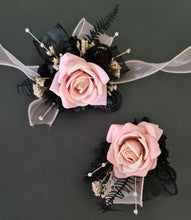 Load image into Gallery viewer, Blush &amp; black glitter everlasting flowers corsage &amp; buttonhole AB2097 - School formal, prom, graduation
