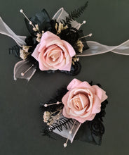 Load image into Gallery viewer, Blush &amp; black glitter everlasting flowers corsage &amp; buttonhole AB2097 - School formal, prom, graduation
