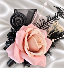 Load image into Gallery viewer, Blush &amp; black glitter everlasting flowers corsage &amp; buttonhole AB2097 - School formal, prom, graduation
