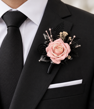 Load image into Gallery viewer, Blush &amp; black glitter everlasting flowers corsage &amp; buttonhole AB2097 - School formal, prom, graduation
