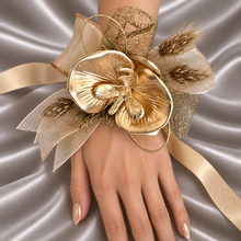 Load image into Gallery viewer, Bright orchid and champagne gold everlasting flowers corsage &amp; buttonhole AB2105 - School formal, prom, graduation
