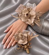Load image into Gallery viewer, Champagne gold everlasting flowers snap lock corsage &amp; buttonhole AB2107 - School formal, prom, graduation
