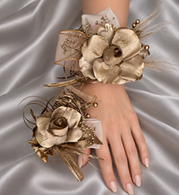 Load image into Gallery viewer, Champagne gold everlasting flowers snap lock corsage &amp; buttonhole AB2107 - School formal, prom, graduation
