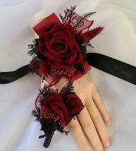 Load image into Gallery viewer, Black &amp; burgundy corsage &amp; buttonhole set AB2109 - School formal, prom, graduation, wedding
