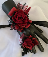 Load image into Gallery viewer, Black &amp; burgundy corsage &amp; buttonhole set AB2109 - School formal, prom, graduation, wedding
