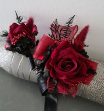 Load image into Gallery viewer, Black &amp; burgundy corsage &amp; buttonhole set AB2109 - School formal, prom, graduation, wedding
