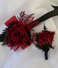 Load image into Gallery viewer, Black &amp; burgundy corsage &amp; buttonhole set AB2109 - School formal, prom, graduation, wedding
