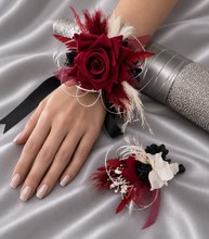 Load image into Gallery viewer, Black, burgundy &amp; white corsage &amp; buttonhole set AB2110 - School formal, prom, graduation, wedding
