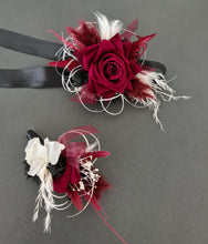 Load image into Gallery viewer, Black, burgundy &amp; white corsage &amp; buttonhole set AB2110 - School formal, prom, graduation, wedding
