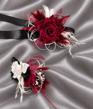 Load image into Gallery viewer, Black, burgundy &amp; white corsage &amp; buttonhole set AB2110 - School formal, prom, graduation, wedding
