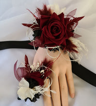 Load image into Gallery viewer, Black, burgundy &amp; white corsage &amp; buttonhole set AB2110 - School formal, prom, graduation, wedding
