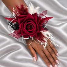 Load image into Gallery viewer, Black, burgundy &amp; white corsage &amp; buttonhole set AB2110 - School formal, prom, graduation, wedding
