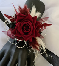 Load image into Gallery viewer, Black, burgundy &amp; white corsage &amp; buttonhole set AB2110 - School formal, prom, graduation, wedding
