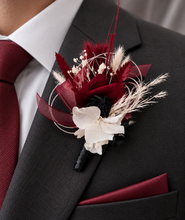Load image into Gallery viewer, Black, burgundy &amp; white corsage &amp; buttonhole set AB2110 - School formal, prom, graduation, wedding
