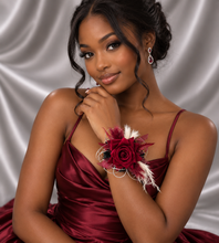 Load image into Gallery viewer, Black, burgundy &amp; white corsage &amp; buttonhole set AB2110 - School formal, prom, graduation, wedding
