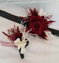 Load image into Gallery viewer, Black, burgundy &amp; white corsage &amp; buttonhole set AB2110 - School formal, prom, graduation, wedding
