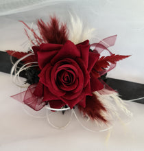 Load image into Gallery viewer, Black, burgundy &amp; white corsage &amp; buttonhole set AB2110 - School formal, prom, graduation, wedding
