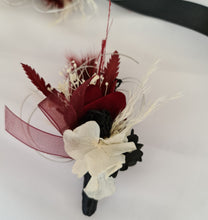 Load image into Gallery viewer, Black, burgundy &amp; white corsage &amp; buttonhole set AB2110 - School formal, prom, graduation, wedding

