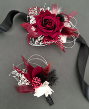 Load image into Gallery viewer, Black, burgundy &amp; white corsage &amp; buttonhole set AB2111 - School formal, prom, graduation, wedding
