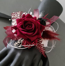 Load image into Gallery viewer, Black, burgundy &amp; white corsage &amp; buttonhole set AB2111 - School formal, prom, graduation, wedding
