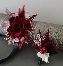 Load image into Gallery viewer, Black, burgundy &amp; white corsage &amp; buttonhole set AB2111 - School formal, prom, graduation, wedding
