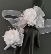 Load image into Gallery viewer, White and silver corsage &amp; buttonhole set AB2118 - School formal, prom, graduation, wedding
