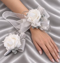 Load image into Gallery viewer, White and silver corsage &amp; buttonhole set AB2118 - School formal, prom, graduation, wedding
