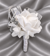 Load image into Gallery viewer, White and silver corsage &amp; buttonhole set AB2118 - School formal, prom, graduation, wedding
