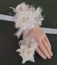 Load image into Gallery viewer, Milky White and silver corsage &amp; buttonhole set AB2119 - School formal, prom, graduation, wedding
