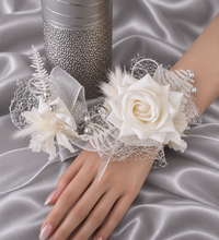 Load image into Gallery viewer, Milky White and silver corsage &amp; buttonhole set AB2120 - School formal, prom, graduation, wedding
