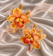 Load image into Gallery viewer, Peach &amp; orange orchid corsage &amp; buttonhole AB2130 - School formal, prom, graduation
