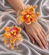 Load image into Gallery viewer, Peach &amp; orange orchid corsage &amp; buttonhole AB2130 - School formal, prom, graduation
