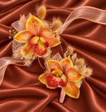 Load image into Gallery viewer, Peach &amp; orange orchid corsage &amp; buttonhole AB2130 - School formal, prom, graduation
