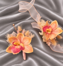 Load image into Gallery viewer, Peach &amp; orange orchid corsage &amp; buttonhole AB2130 - School formal, prom, graduation
