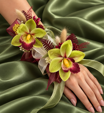 Load image into Gallery viewer, Burgundy &amp; Green orchid corsage &amp; buttonhole AB2132 - School formal, prom, graduation
