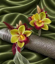 Load image into Gallery viewer, Burgundy &amp; Green orchid corsage &amp; buttonhole AB2132 - School formal, prom, graduation
