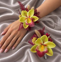 Load image into Gallery viewer, Burgundy &amp; Green orchid corsage &amp; buttonhole AB2132 - School formal, prom, graduation
