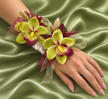 Load image into Gallery viewer, Burgundy &amp; Green orchid corsage &amp; buttonhole AB2132 - School formal, prom, graduation
