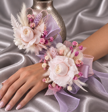 Load image into Gallery viewer, Lilac, pink &amp; neutral preserved French peony corsage &amp; buttonhole AB2137 - School formal, prom, graduation
