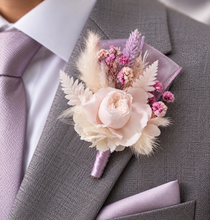 Load image into Gallery viewer, Lilac, pink &amp; neutral preserved French peony corsage &amp; buttonhole AB2137 - School formal, prom, graduation

