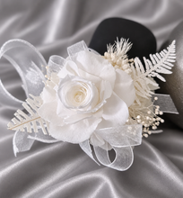 Load image into Gallery viewer, White reflexed preserved mini rose corsage &amp; buttonhole AB2138 - School formal, prom, graduation
