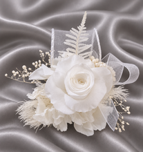 Load image into Gallery viewer, White reflexed preserved mini rose corsage &amp; buttonhole AB2138 - School formal, prom, graduation
