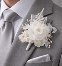 Load image into Gallery viewer, White reflexed preserved mini rose corsage &amp; buttonhole AB2138 - School formal, prom, graduation
