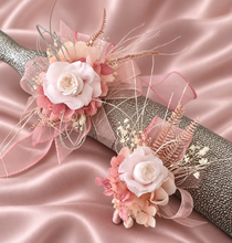 Load image into Gallery viewer, Blush &amp; white preserved French peony corsage &amp; buttonhole AB2139 - School formal, prom, graduation
