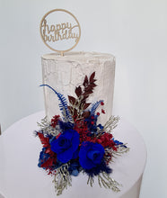 Load image into Gallery viewer, Burgundy &amp; gold, royal blue preserved roses Floral Cake Topper
