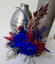 Load image into Gallery viewer, Burgundy &amp; gold, royal blue preserved roses Floral Cake Topper
