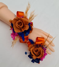 Load image into Gallery viewer, Pearl bracelet preserved flowers orange, fuchsia &amp; blue corsage and buttonhole set AB2143 - School formal, prom, graduation
