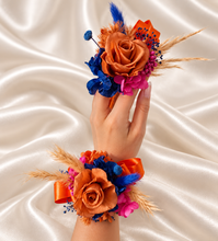 Load image into Gallery viewer, Pearl bracelet preserved flowers orange, fuchsia &amp; blue corsage and buttonhole set AB2143 - School formal, prom, graduation
