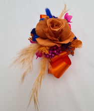 Load image into Gallery viewer, Pearl bracelet preserved flowers orange, fuchsia &amp; blue corsage and buttonhole set AB2143 - School formal, prom, graduation

